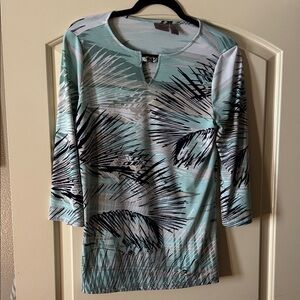 Chico's Mint Teal Palm-Print Long Sleeve Top 0